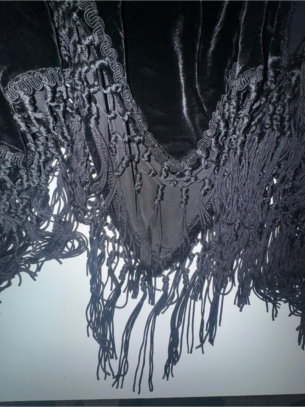 Black Velvet Fringe Midi Skirt Size 2 Boho Gothic Festival Handkerchief Hem - Picture 2 of 6